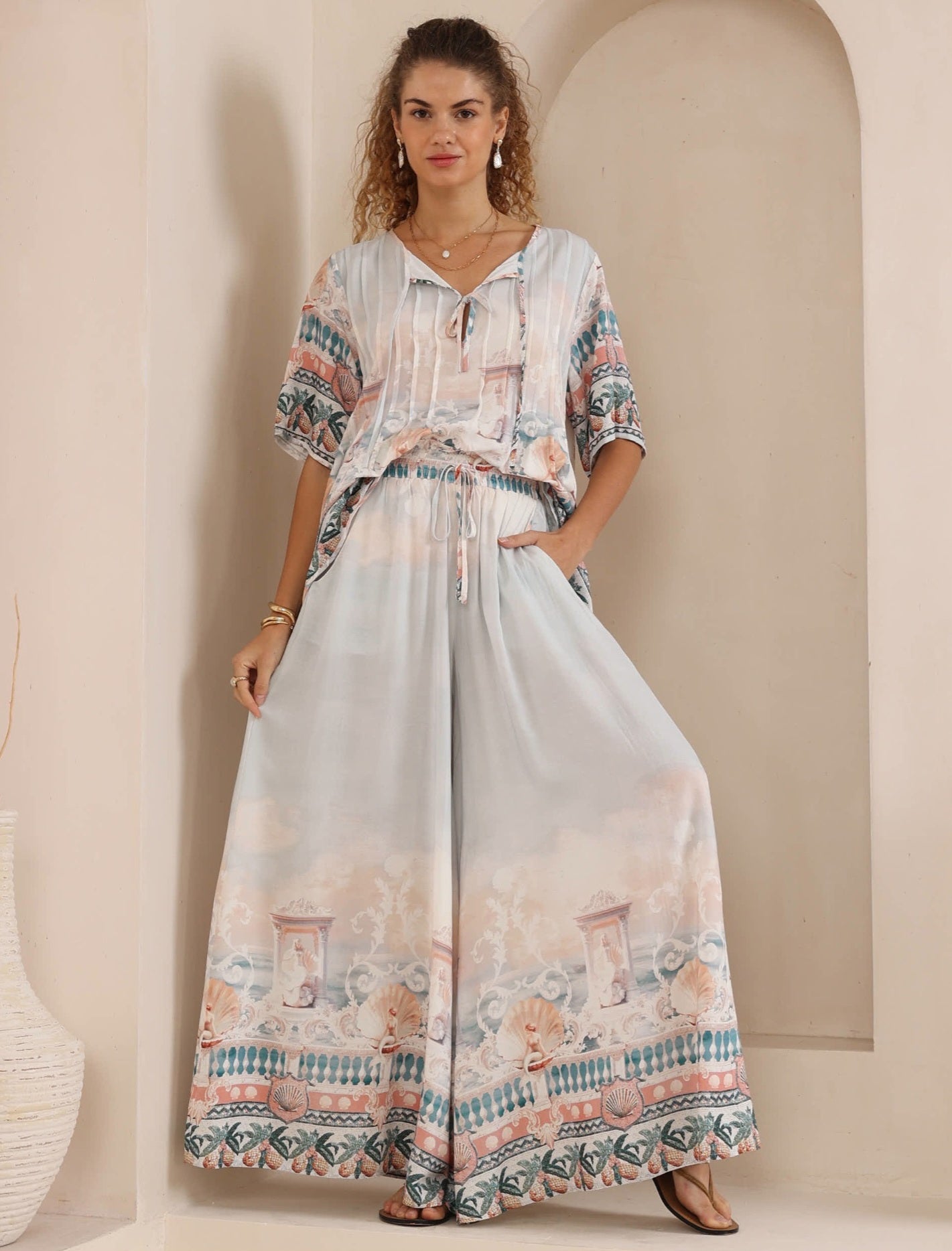 Iris Maxi Helen Blouse Top with Tie V-Neck Sleeve Buttons - Josephine - Style House Fashion