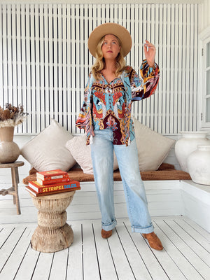 Jaase Imogen Blouse Top with V Neck Tie Buttoned Front - Wild Hearts - Style House Fashion Jaase