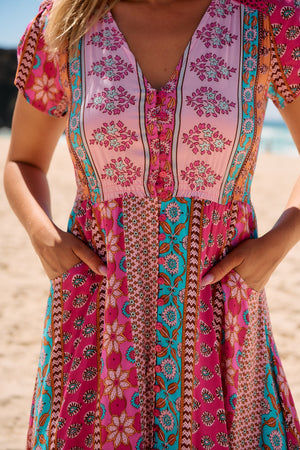 Jaase Carmen Maxi Dress with Cap Shell Sleeve V Neck Pockets Buttoned - Cedella - Style House Fashion Jaase Jaase Jaase