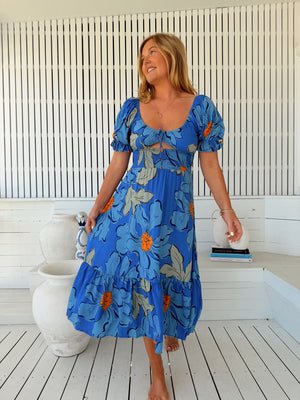 Jaase Rini Midi Dress V Neck Off Shoulder Elastic Waist - Blue Bell - Style House Fashion Jaase