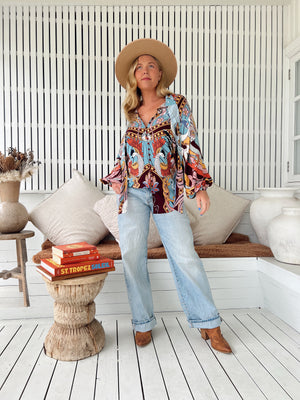 Jaase Imogen Blouse Top with V Neck Tie Buttoned Front - Wild Hearts - Style House Fashion Jaase