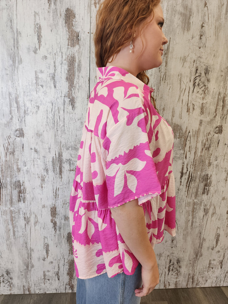 Iris Maxi Sarah Cotton Blouse Top with V-Neck Collar Buttoned Wide Sleeve - Pink Paradise
