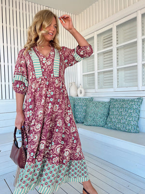 Jaase Mila Midi Dress with V Neck Buttoned Bodice Half Sleeve - Athena - Style House Fashion Jaase