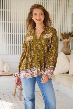 Jaase Bee Blouse Top with Mandarin Collar V Neck Buttons Lace Detail - Amalie - Style House Fashion Jaase Jaase Jaase Jaase