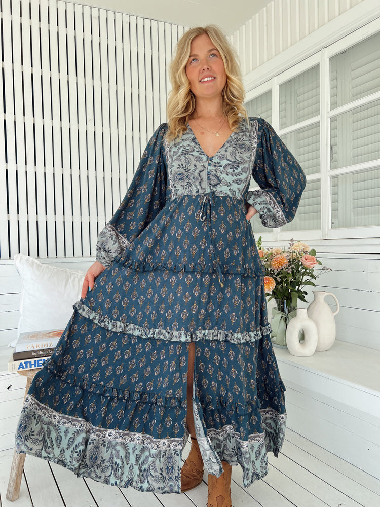 Jaase Luciana Maxi Dress with V Neck Drawstring Billowy Sleeves - Nico - Style House Fashion Jaase Jaase Jaase