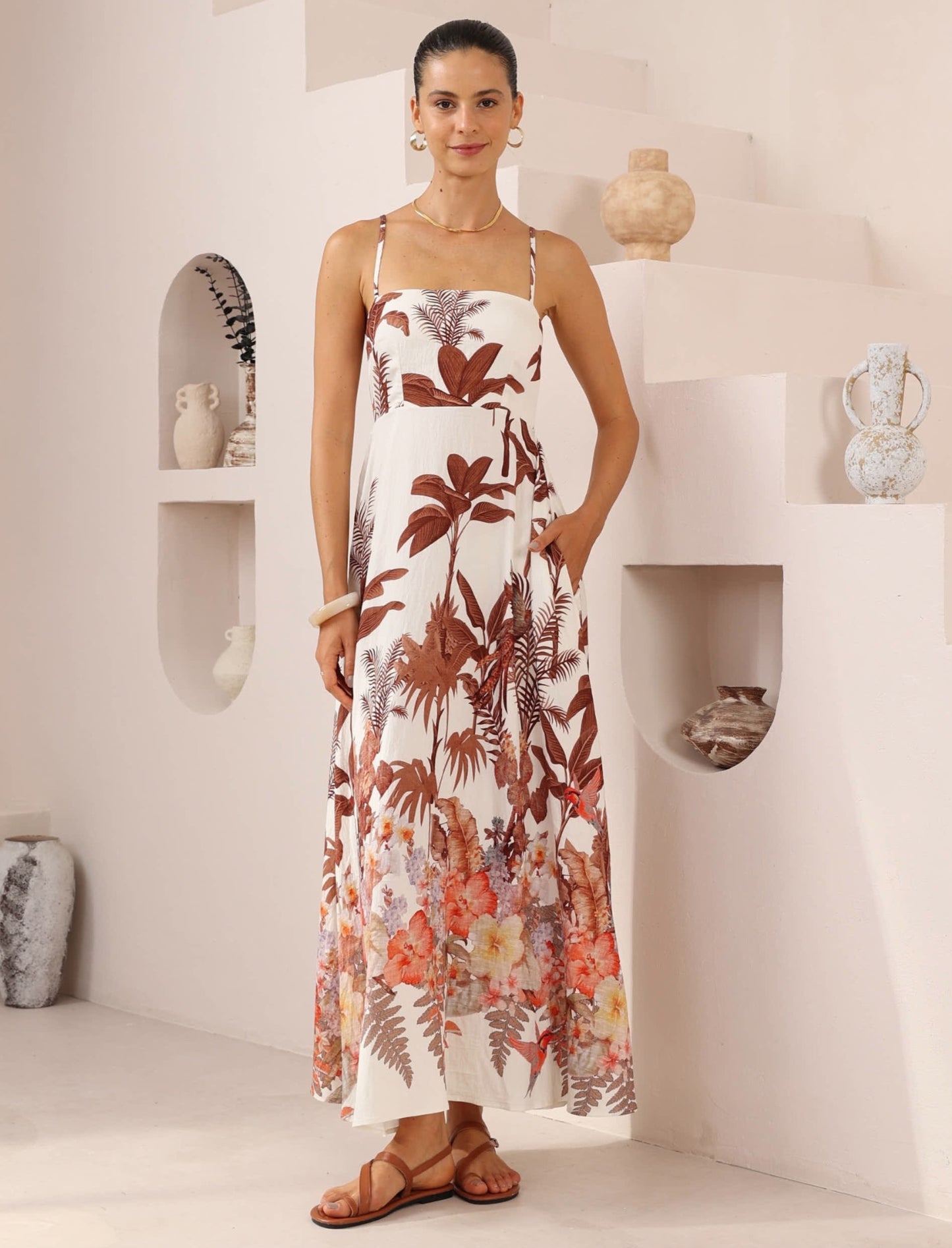 Iris Maxi Collette Maxi Dress with Square Neckline Pockets Spaghetti Strap - Desert Palms - Style House Fashion