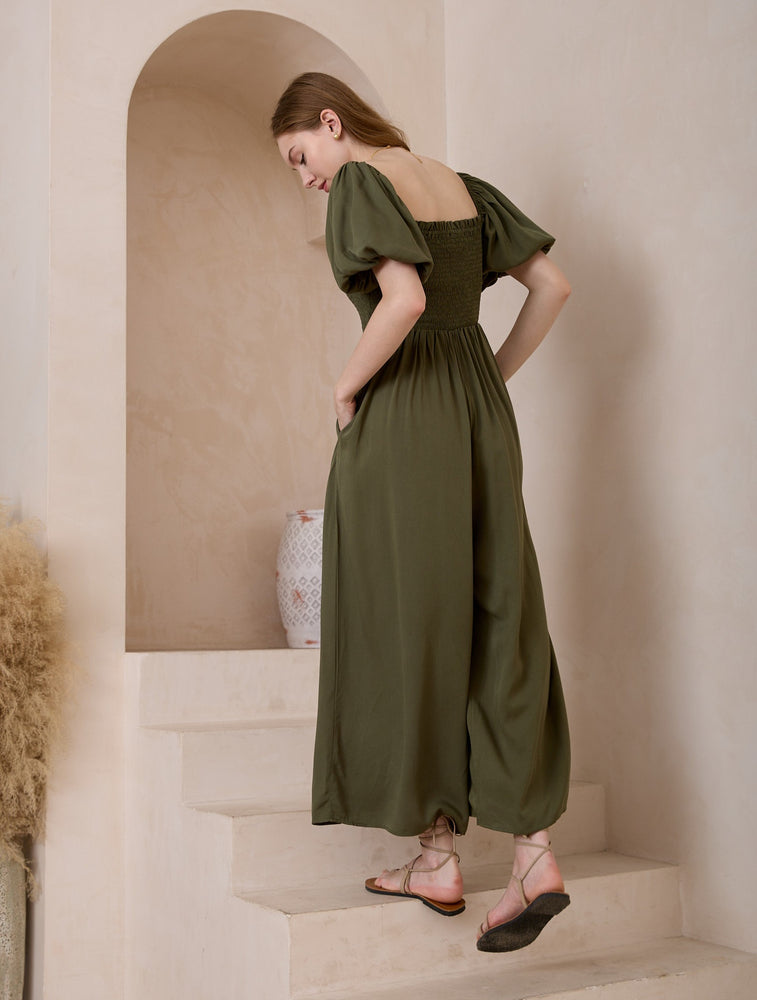 Iris Maxi Sienna Jumpsuit with Shirred Bodice Pockets  - Khaki - Style House Fashion Iris Maxi