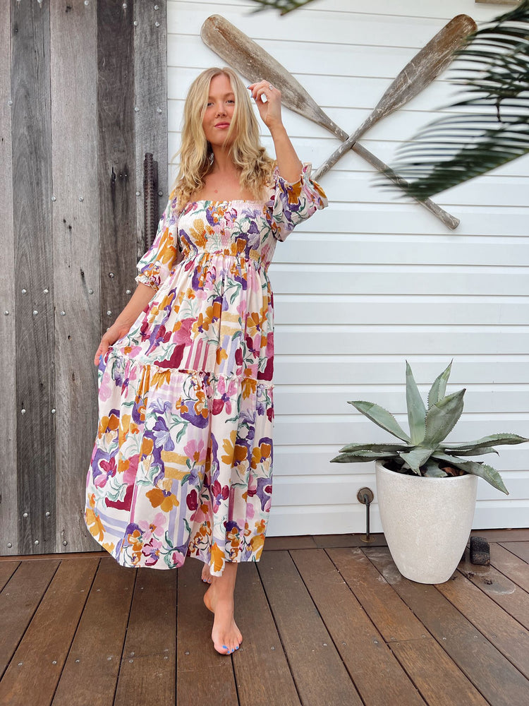 Jaase Tulli Midi Dress with Shirred Bodice Pockets Puff Sleeve - Sweet Lilly - Style House Fashion Jaase Jaase Jaase