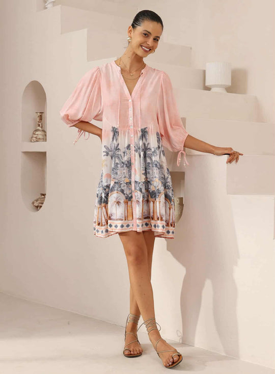 Iris Maxi Emma Mini Dress with V-Neck Buttons Pockets - Pink Paradise