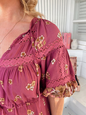 Jaase Elsa Maxi Dress with Button Bodice Puff Sleeve Lace Detail - Bee Orchid - Style House Fashion Jaase
