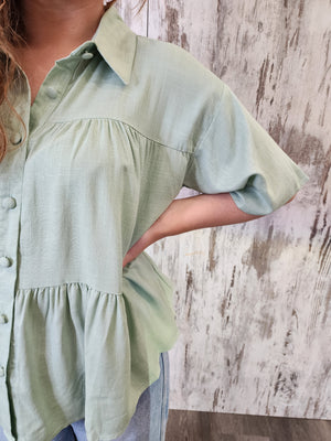 Iris Maxi Sarah Cotton Blouse Top with V-Neck Collar Buttoned Wide Sleeve - Pistachio